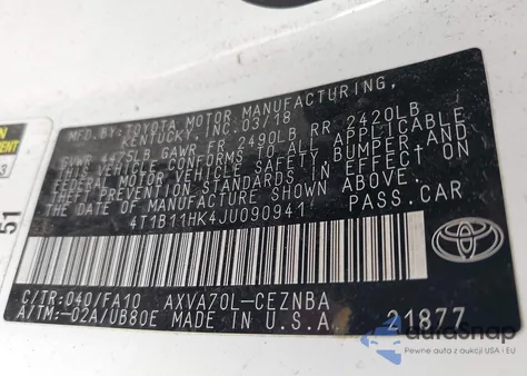 2018 Toyota Camry Le из США, поврежденный, VIN 4T1B11HK4JU090941